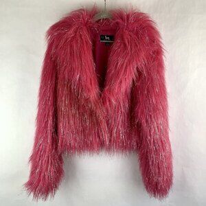 Vtg Y2K Blanc Noir Jacket Hot Pink Faux Fur Silver Coat Medium CLUB RAVE Furry